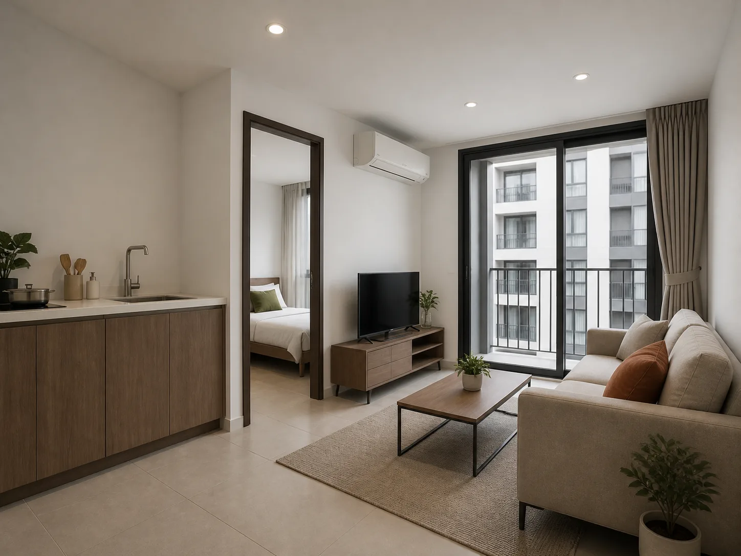 Render of a 1-Bedroom living space at NODE Rama 9 — real-scale furniture, a full-height balcony door, white walls, pale porcelain floor, flat daylight.