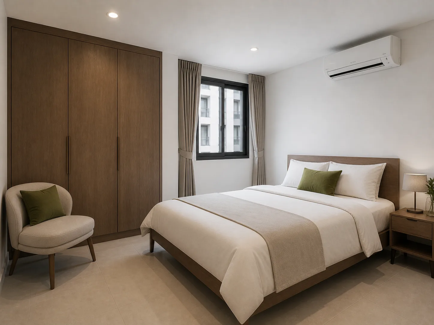 Render of the sleeping area of a 1-Bedroom Plus at NODE Rama 9 — a real-scale bed, a built-in wardrobe, an aluminium window, flat daylight.